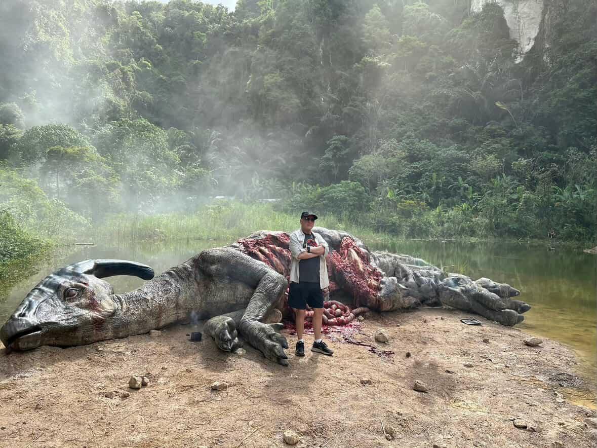 Dinosaur prop on Jurassic World Rebirth set