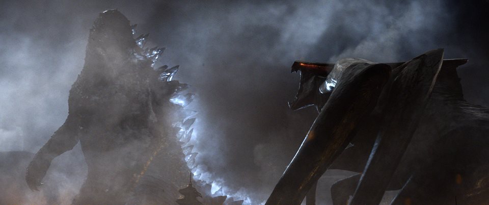 Godzilla prepares his atomic breath against the MUTO - Godzilla 2014