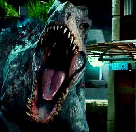 The Indominus Rex reacts to seeing the T-Rex