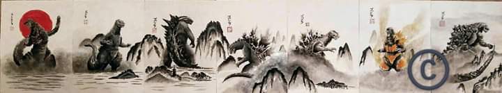  My Godzilla Japanese ink paintings