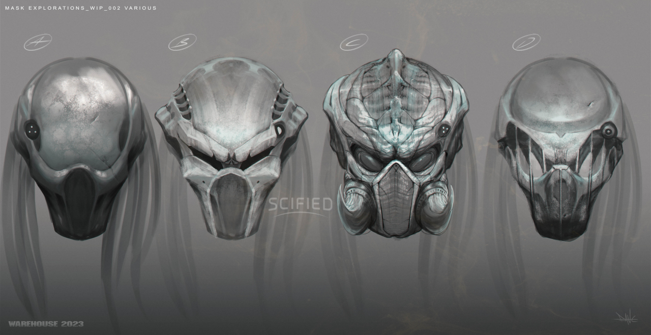 Mask exploration designs by Dane Hallett for the Predator anime