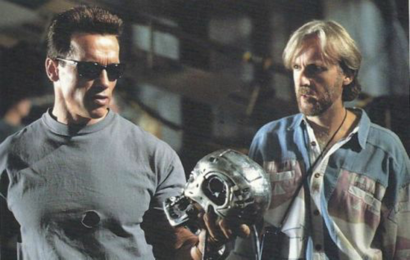 A picture of Arnold Schwarzenegger and James Cameron on the set of The Terminator